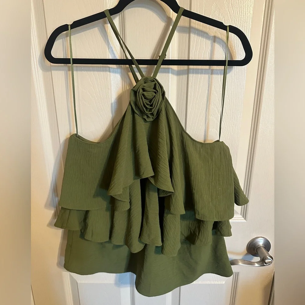 CeCe Floral Detail Layered Ruffle Halter Blouse, Olive Green, Sz Large